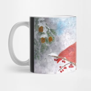 Winter Cardinal on snowy branch with red berries, pine branch, late autumn leaves Mug